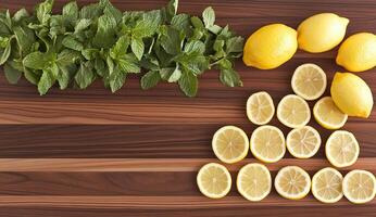 Fresh lemons and mint on a wooden board photo
