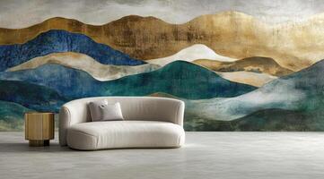 Modern minimalist living room with a curved sofa and mountain-themed wallpaper photo
