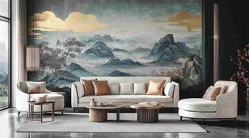 Modern Asian-inspired living room with a calming mountain landscape mural. A comfortable sectional sofa, armchairs, and a coffee table complete the sophisticated space photo