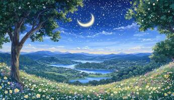 Nighttime valley panorama, crescent moon photo
