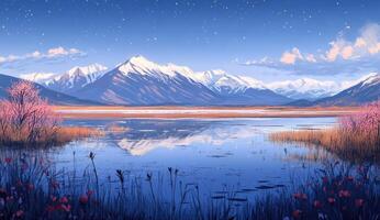 Serene mountain lake at dawn photo