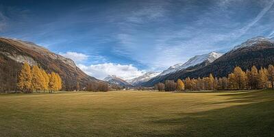 Autumnal alpine valley with golden trees and snowy peaks photo