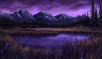 Evening mountains reflect in a purple lake photo