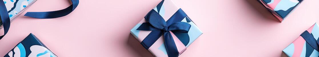 Gift Boxes with Pastel Prints and Navy Ribbons photo