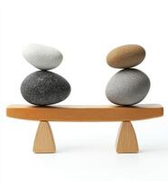 Balanced stones on a wooden seesaw photo