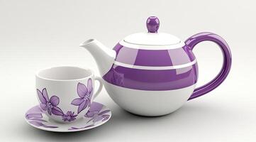 Purple and white tea set with floral design photo