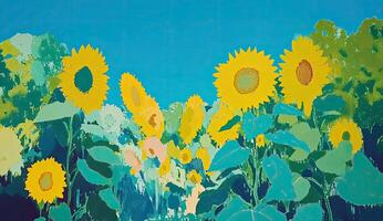 Vibrant sunflower field, stylized photo