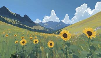 Sunflowers bloom in a mountain valley photo