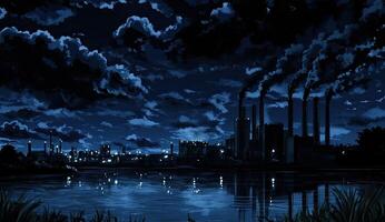 Industrial night landscape with dark clouds and a reflective river photo