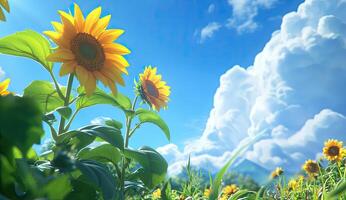 Two vibrant sunflowers reaching for a bright sky, amidst a field of flowers photo