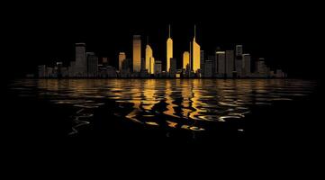 Golden city skyline reflected in dark water photo