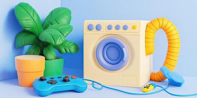 Playful home appliances, potted plant, and a controller photo