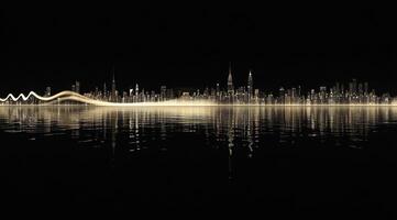 Golden city skyline reflected on water, dynamic waves photo