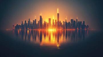 Sunrise over a futuristic city reflected in water photo