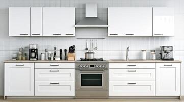 Modern white kitchen with stainless steel appliances photo