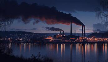 Industrial smokestacks at twilight photo