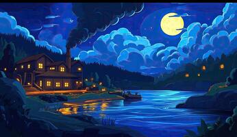 Nighttime factory by the river, under a luminous moon photo