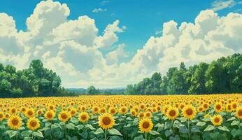 Sunny sunflower field, bright sky, lush trees photo