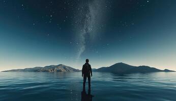 Solitary figure gazes at the Milky Way over tranquil waters photo