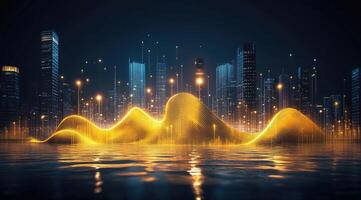 Golden data flowing over a city at night photo
