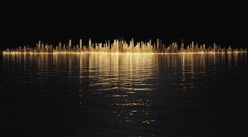 Golden city skyline reflected on water photo