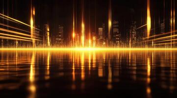 Golden cityscape reflected on a still water surface photo