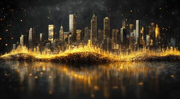 Fiery city skyline reflected on a dark surface photo