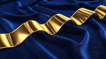 Luxurious gold ribbon drapes over deep blue velvet photo