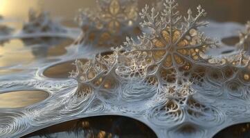 Ice crystalline structures, intricate network, delicate details photo