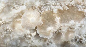 Close-up of delicate, light beige and white fungi. Detailed surface texture photo