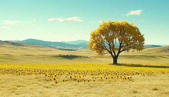 Golden Sunflower Field with Lonely Tree photo