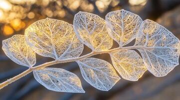 Frosted leaf illuminated by golden light photo