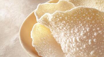 Crispy, flaky, layered, light-colored, thin crackers photo