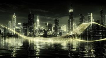 Glowing cityscape at night with golden energy photo