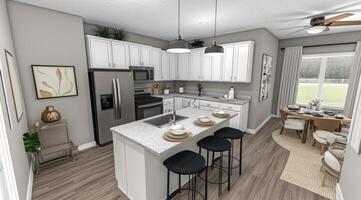 Open-concept kitchen with island and dining area photo