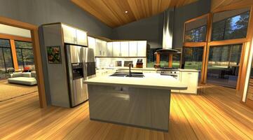 Modern kitchen with large island, overlooking spacious living area photo