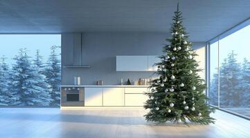 Modern Christmas kitchen with a snowy view photo