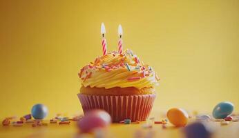 Birthday cupcake with two candles photo