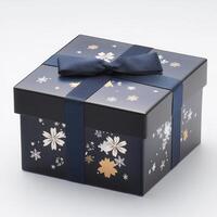 Dark-blue gift box with floral and snowflake design photo