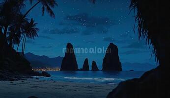 Nighttime tropical beach scene with towering rocks photo