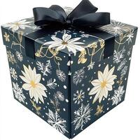 Festive gift box, dark navy blue and white, adorned with floral and snowflake patterns photo