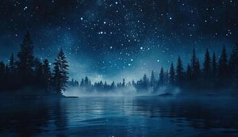Starry night over a misty lake photo