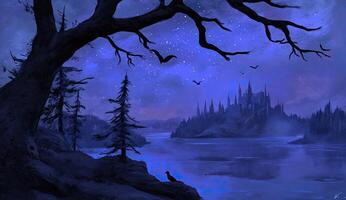 Mystical island castle at night photo