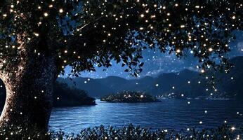 Enchanting night scene by a lake. Twinkling lights adorn a tree overlooking a tranquil lake under a starlit sky photo