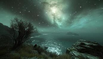 Nighttime coastal landscape, starlit sky photo
