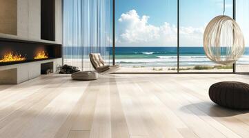 Coastal modern living room with ocean views photo