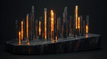 Dark, futuristic city sculpted from stone, glowing with fiery light photo