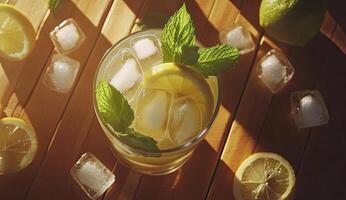 Refreshing summer drink with ice, lemon slices, and mint photo