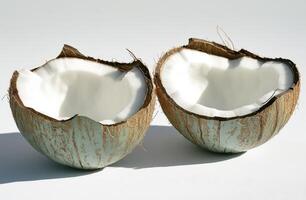 Two halves of a coconut, revealing the white interior photo