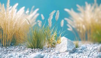 A tranquil scene of light beige and pale green grasses, pebbles, and a rock, against a teal backdrop photo